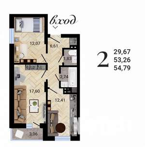 2-к квартира, строящийся дом, 55м2, 23/27 этаж