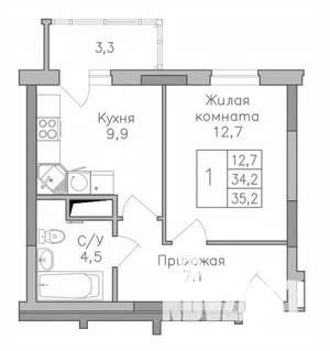 1-к квартира, строящийся дом, 35м2, 2/25 этаж
