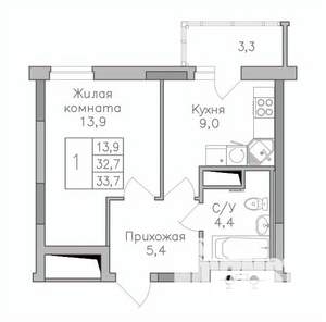 1-к квартира, строящийся дом, 34м2, 6/25 этаж