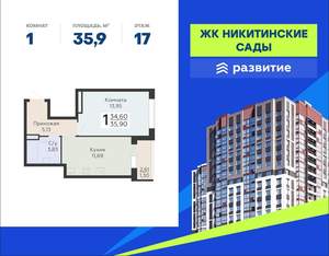 1-к квартира, вторичка, 36м2, 17/19 этаж