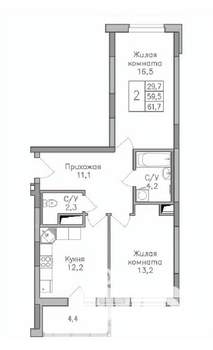2-к квартира, строящийся дом, 62м2, 17/25 этаж