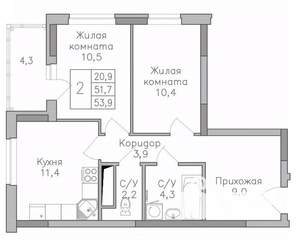2-к квартира, вторичка, 54м2, 23/25 этаж