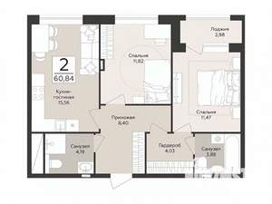 2-к квартира, строящийся дом, 61м2, 2/8 этаж