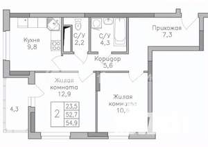 2-к квартира, строящийся дом, 55м2, 4/25 этаж