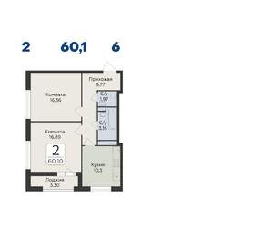2-к квартира, строящийся дом, 60м2, 6/17 этаж