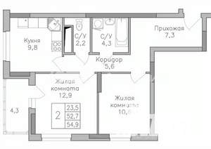 2-к квартира, строящийся дом, 55м2, 16/25 этаж