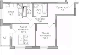 2-к квартира, строящийся дом, 55м2, 21/25 этаж