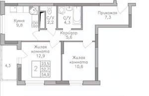 2-к квартира, строящийся дом, 55м2, 16/25 этаж