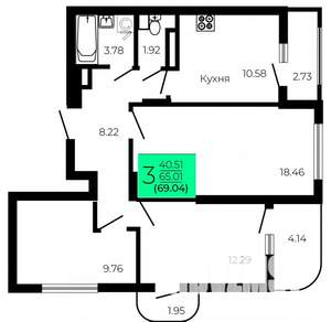 3-к квартира, строящийся дом, 69м2, 6/9 этаж