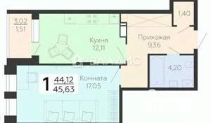 1-к квартира, вторичка, 46м2, 12/15 этаж