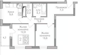 2-к квартира, строящийся дом, 55м2, 19/25 этаж
