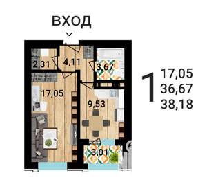 1-к квартира, строящийся дом, 39м2, 2/25 этаж