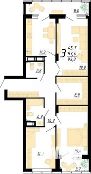 3-к квартира, строящийся дом, 93м2, 8/25 этаж