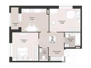 2-к квартира, строящийся дом, 65м2, 5/14 этаж