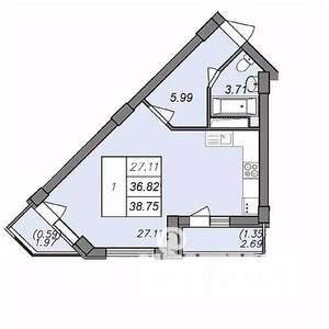 1-к квартира, строящийся дом, 39м2, 4/13 этаж
