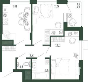 2-к квартира, строящийся дом, 49м2, 1/13 этаж