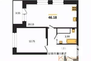 1-к квартира, строящийся дом, 46м2, 7/25 этаж