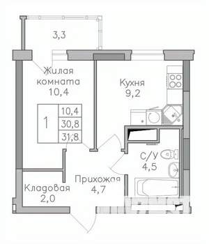 1-к квартира, строящийся дом, 32м2, 22/25 этаж