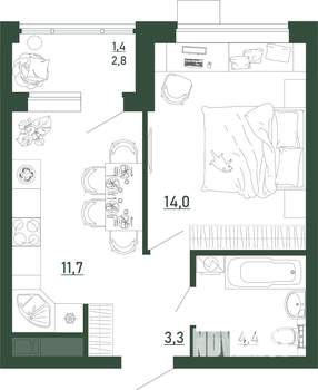 1-к квартира, строящийся дом, 35м2, 10/13 этаж
