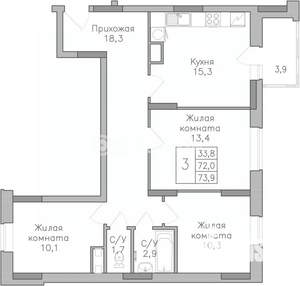 3-к квартира, строящийся дом, 74м2, 8/25 этаж