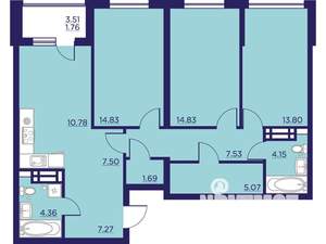 3-к квартира, строящийся дом, 94м2, 15/18 этаж