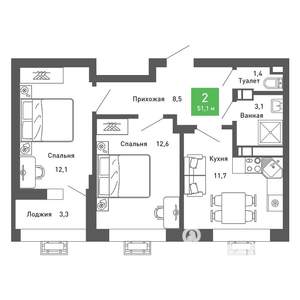 2-к квартира, строящийся дом, 51м2, 4/14 этаж