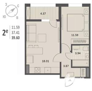 1-к квартира, строящийся дом, 40м2, 5/18 этаж
