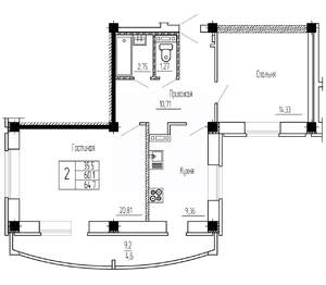 2-к квартира, строящийся дом, 65м2, 7/16 этаж