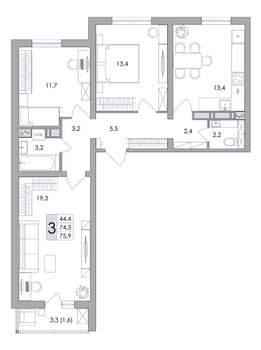 3-к квартира, строящийся дом, 76м2, 15/17 этаж