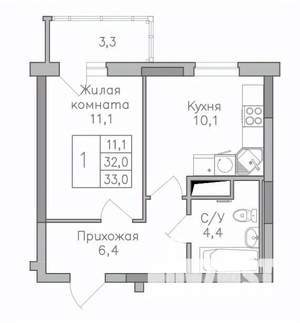 1-к квартира, строящийся дом, 33м2, 19/25 этаж