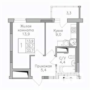1-к квартира, строящийся дом, 34м2, 5/25 этаж