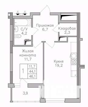 1-к квартира, строящийся дом, 46м2, 5/25 этаж