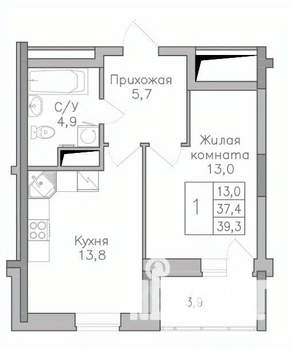 1-к квартира, строящийся дом, 39м2, 13/25 этаж