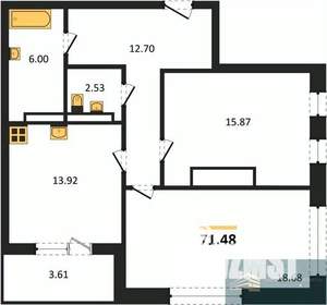 2-к квартира, вторичка, 72м2, 15/25 этаж