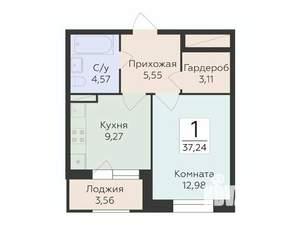 1-к квартира, строящийся дом, 37м2, 15/18 этаж