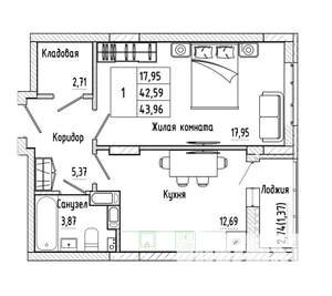 1-к квартира, строящийся дом, 44м2, 2/17 этаж