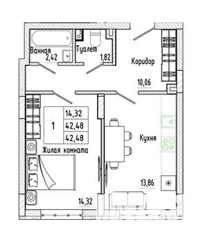1-к квартира, строящийся дом, 42м2, 2/17 этаж