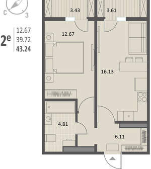 1-к квартира, вторичка, 43м2, 12/18 этаж