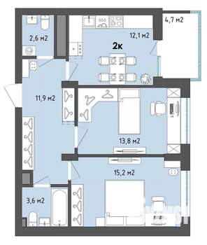 2-к квартира, сданный дом, 62м2, 3/13 этаж