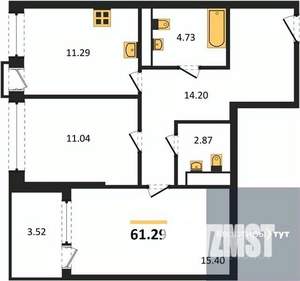 2-к квартира, вторичка, 61м2, 6/21 этаж