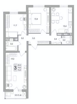 3-к квартира, строящийся дом, 76м2, 13/17 этаж