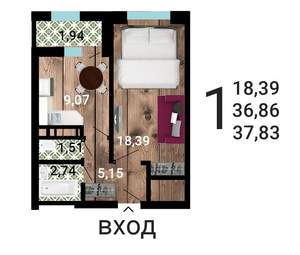 1-к квартира, строящийся дом, 39м2, 6/31 этаж