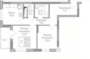 2-к квартира, строящийся дом, 55м2, 8/25 этаж