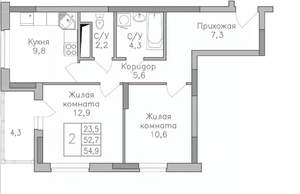 2-к квартира, строящийся дом, 55м2, 23/25 этаж
