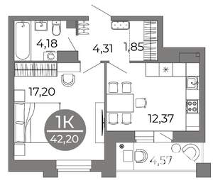 1-к квартира, вторичка, 42м2, 25/25 этаж