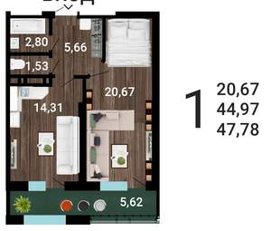 1-к квартира, строящийся дом, 50м2, 6/31 этаж