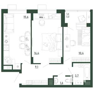 2-к квартира, строящийся дом, 58м2, 3/13 этаж