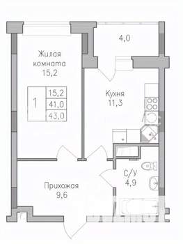 1-к квартира, строящийся дом, 43м2, 9/10 этаж