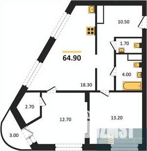 2-к квартира, вторичка, 65м2, 6/13 этаж