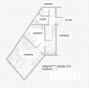 2-к квартира, вторичка, 36м2, 2/2 этаж